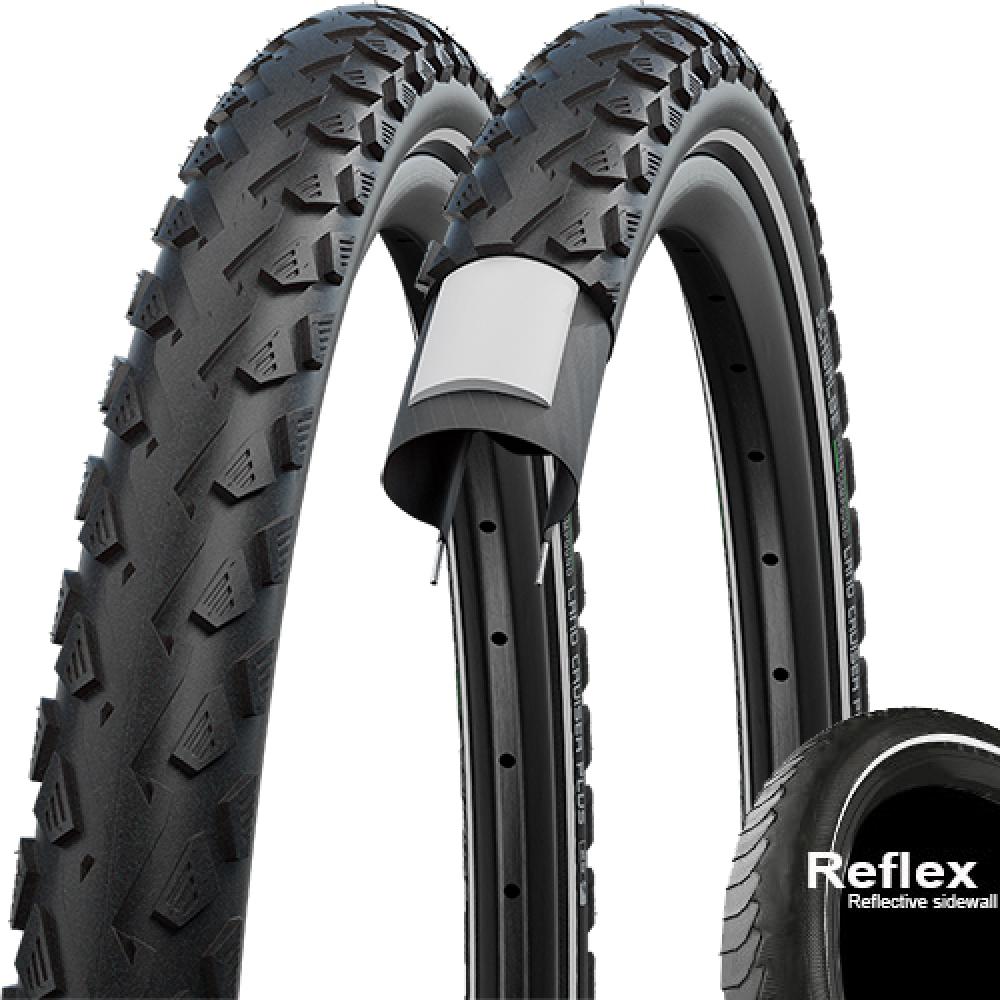 Schwalbe Land Cruiser Plus Fahrradreifen schwarz Reflex E-25, zeigt robustes Profil und Pannenschutz.