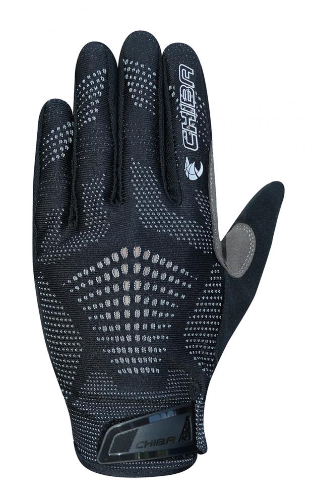 CHIBA Gel Performer Radhandschuhe schwarz mit weißen Punkten, Gelpolster, Touchfunktion und CHIBA Logo.