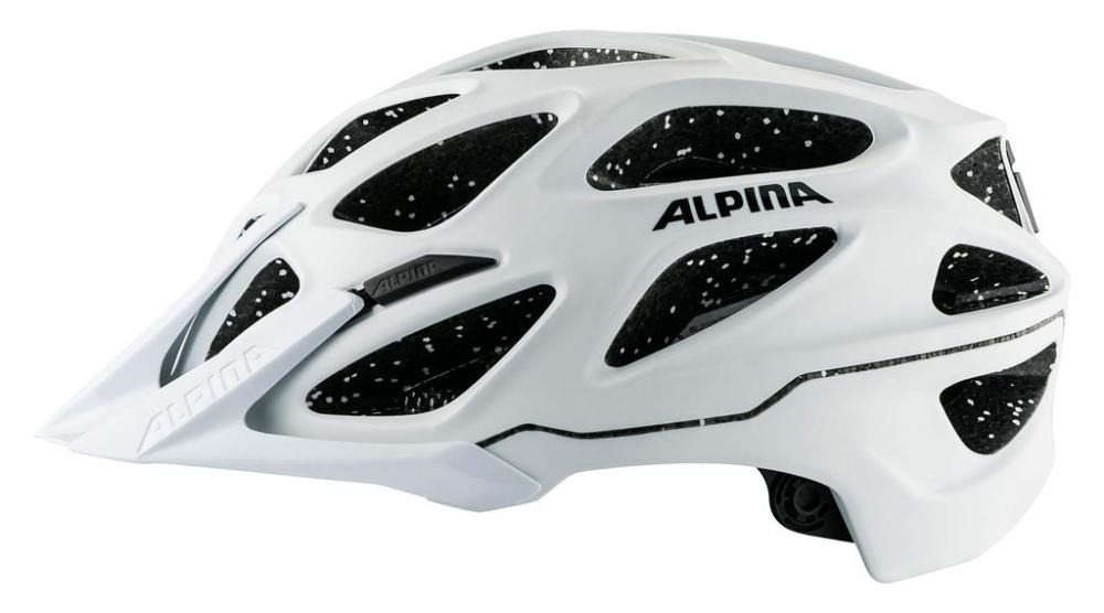 Alpina Fahrradhelm Mythos Tocsen weiß matt 52-57cm, Seitenansicht mit Visier und Belüftungsöffnungen.