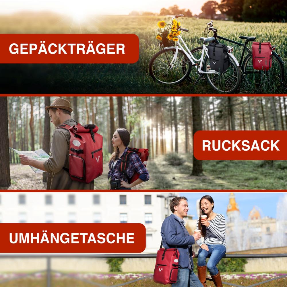Valkental Rucksack ValkPro 3in1 Fahrradtasche rot als Rucksack, Gepäckträgertasche und Umhängetasche.
