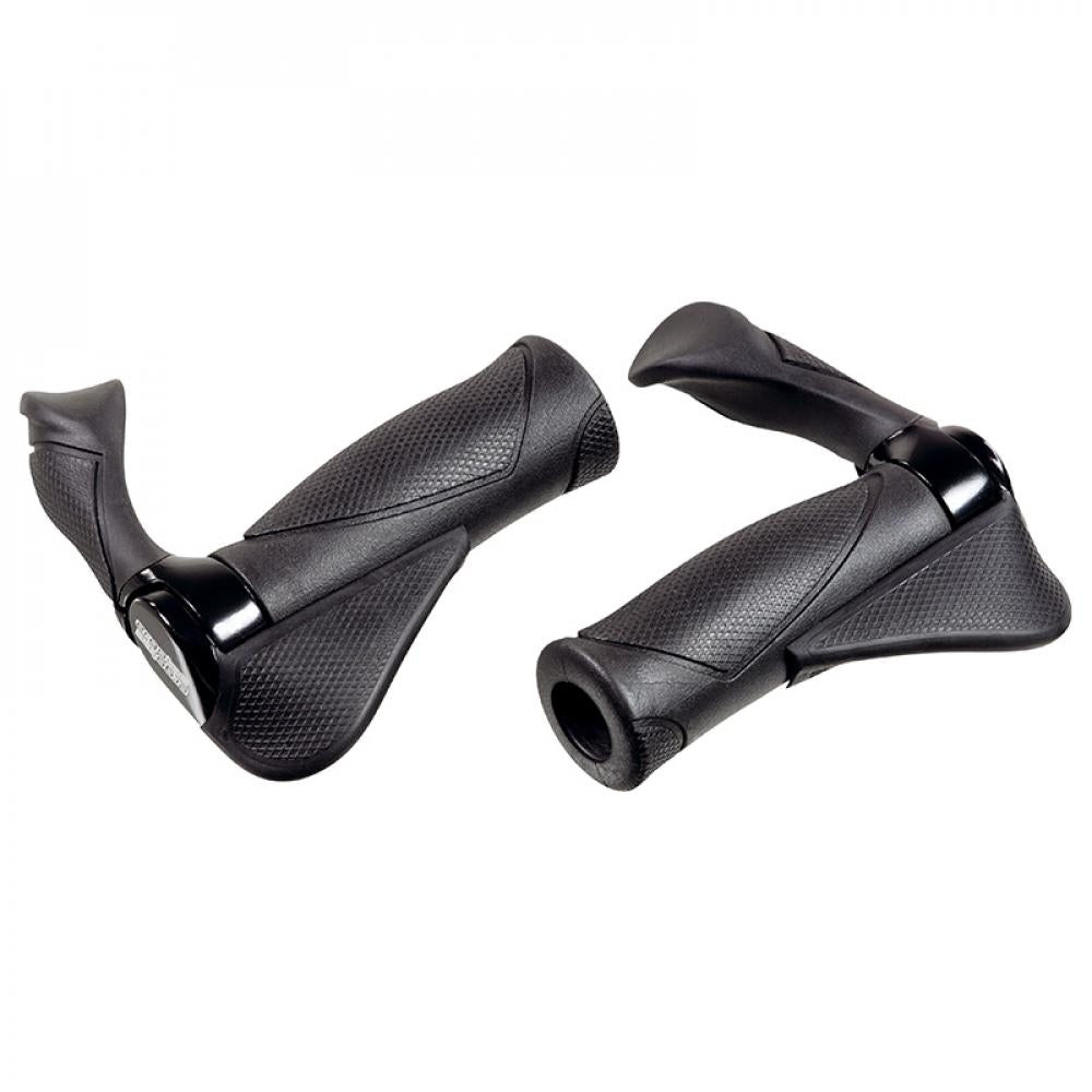 Ergonomische Ergotec Multiflex-Griffe AKSB-10/2 mit Bar-Ends für MTB und ATB, 130 mm, aus Kraton-Gel und Aluminium.