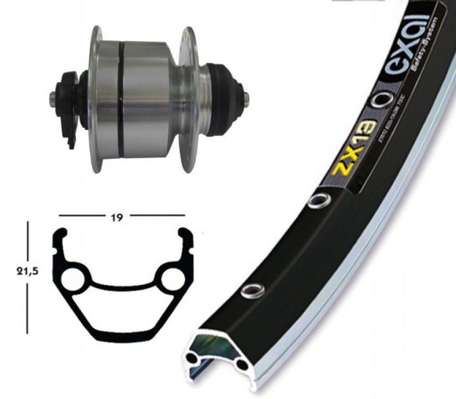 Vorderrad-Komponenten: Silberne Shimano DH-3D72 Centerlock Nabe und schwarze Exal ZX 19 Felge.