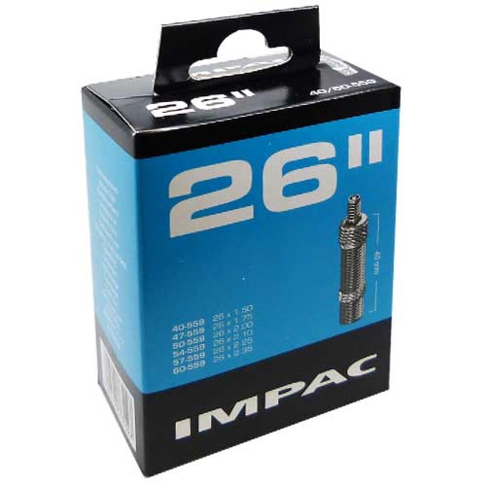 Impac Fahrradschlauch 26 Zoll, 40-60-559, 26x1.50-2.35 mit 40mm Dunlop-Ventil auf Verpackung.