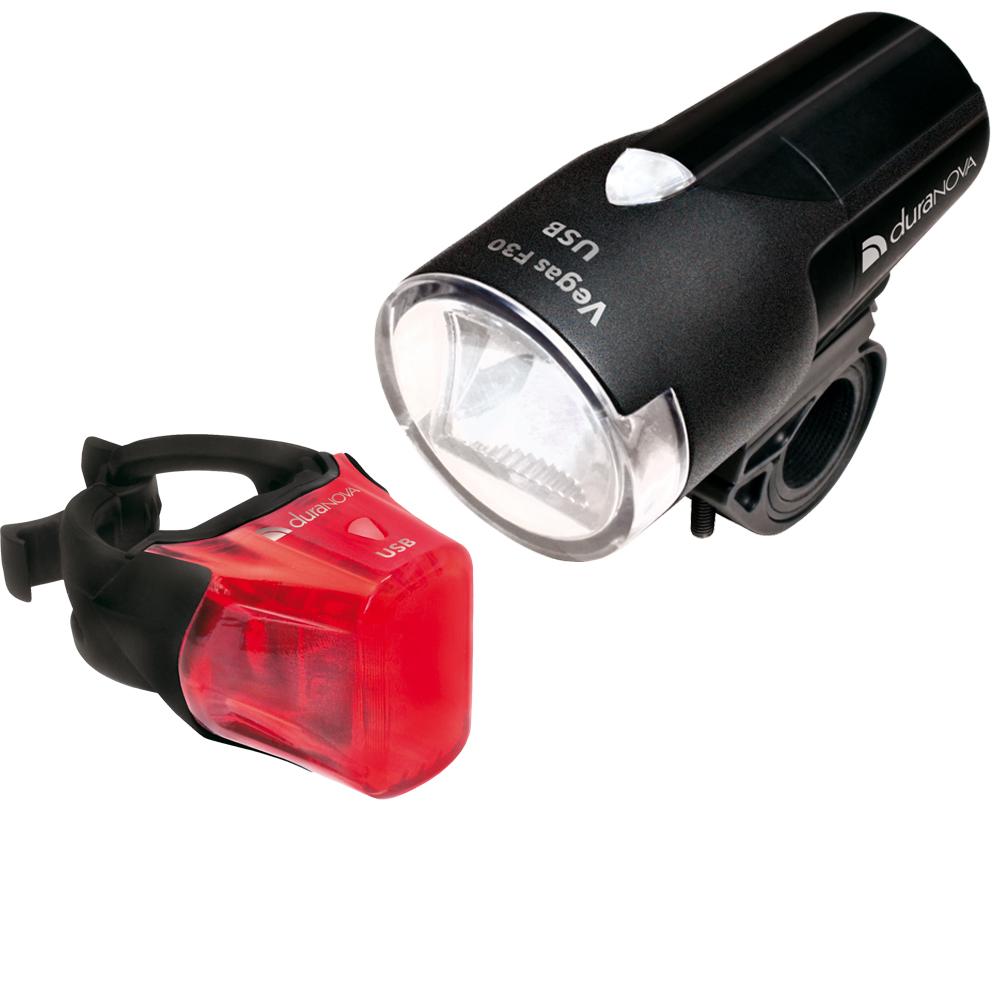 Duranova Vegas F30 RSL USB und Vegas R II RSL USB Fahrrad Beleuchtungsset, schwarz/rot.