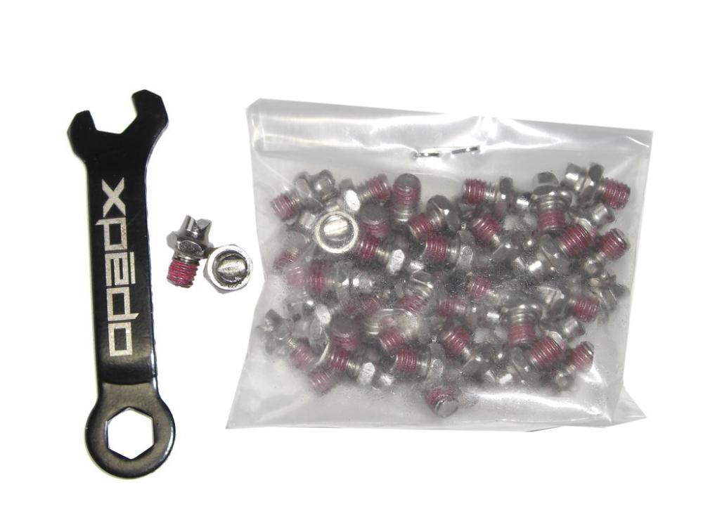 Xpedo Pinset Twin-Type Gewinde 4,5mm Höhe 5mm. Fahrrad-Pinsatz mit silbernen Schrauben, roten Gewinden und Montageschlüssel.