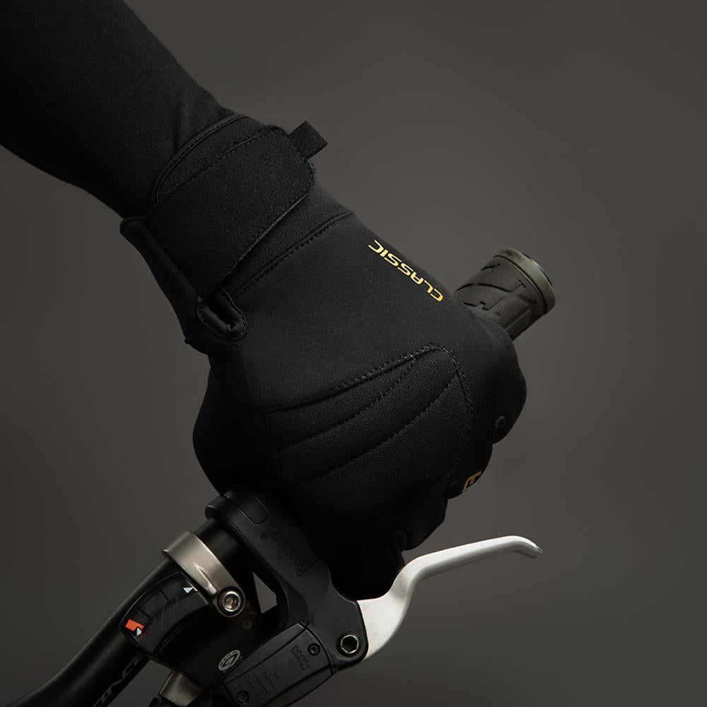 Chiba Classic Winter Fahrradhandschuh Schwarz/Gold Gr. S - winddicht, Thinsulate-gefüttert, Touch-Sensor, Softshell & Mikrofaserhandfläche