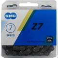 KMC Z7 7-fach Fahrradkette, grau, in Verpackung. Zuverlässige 7-Gang Schaltungskette für Fahrräder.