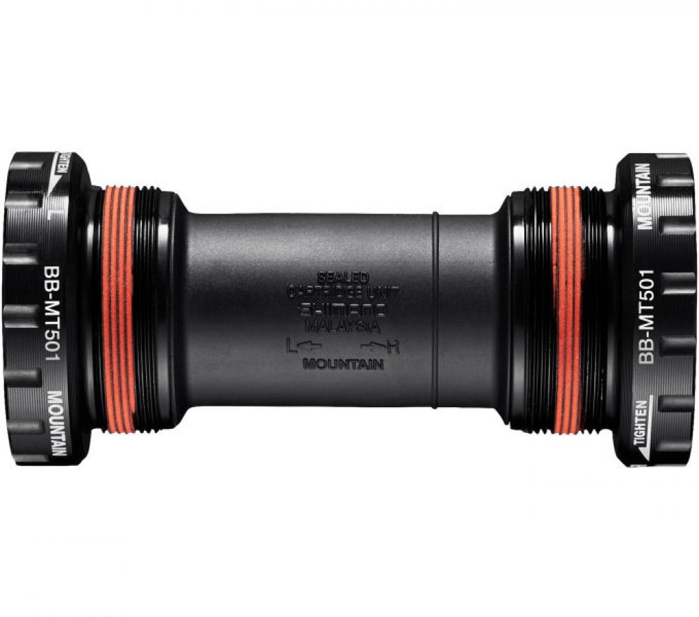 SHIMANO MT501 BSA MTB Innenlager, schwarz mit roten Dichtungen, für effizienten Antrieb.
