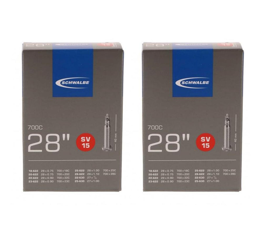 Zwei Schwalbe SV15 Fahrradschläuche 28 Zoll mit 40mm Sclaverandventil in der Originalverpackung.