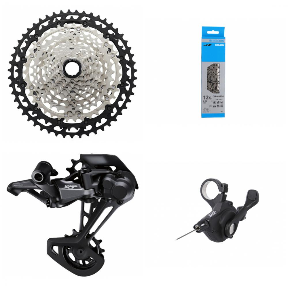 Shimano DEORE XT 12-fach Antriebsset: Kassette CS-M8100, Schaltwerk, Schalthebel, Kette für präzises MTB-Schalten.