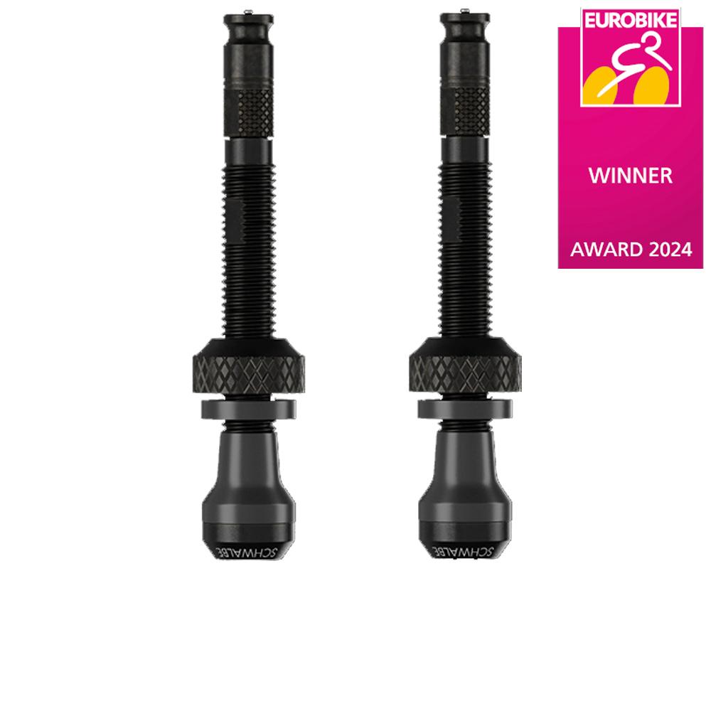 Zwei Schwalbe TUBELESS CLIK VALVE SCV 60mm Ventile für einfaches Aufpumpen, Eurobike Award 2024.