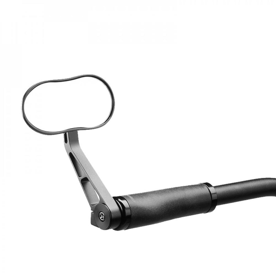 Ergotec Fahrradspiegel M-88 Rückspiegel, ovaler Spiegel mit silbernem Arm, am Fahrradlenker montiert.