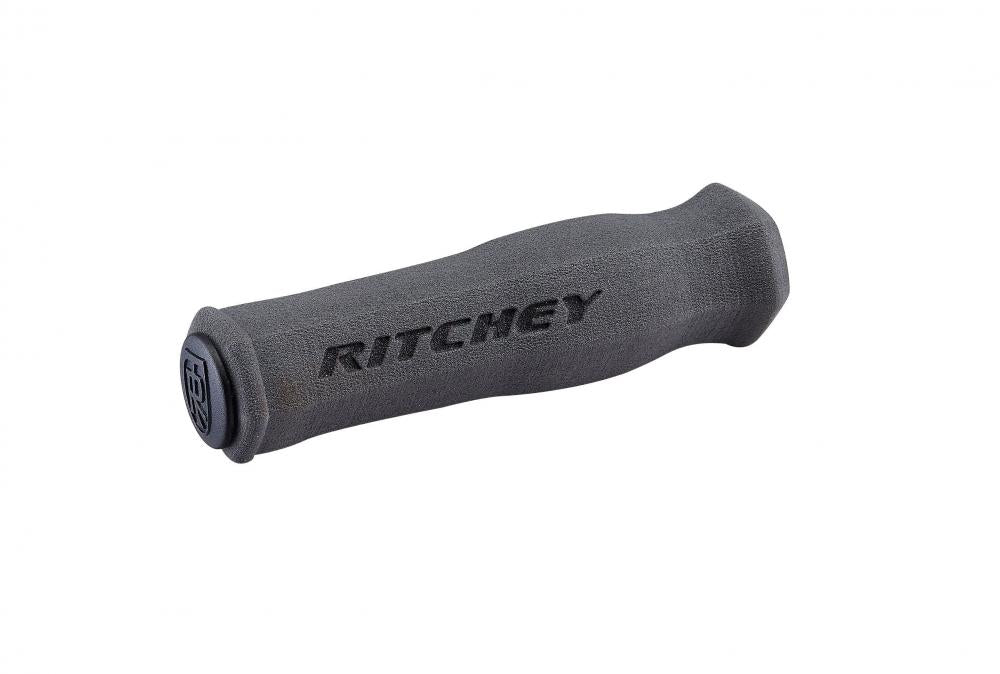Grauer Ritchey Superlogic Ergo Fahrradgriff mit Logo, 128/29.6mm, ergonomisch geformt.