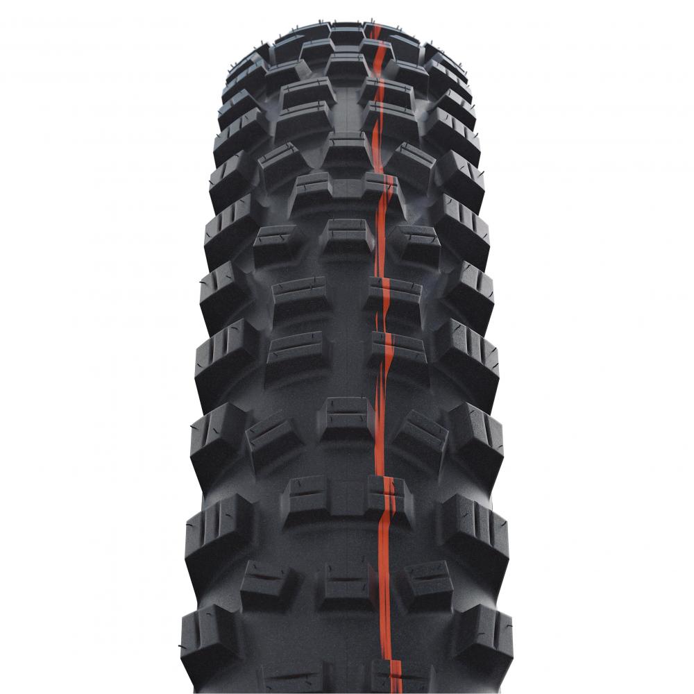 Schwalbe Hans Dampf 27.5x2.35" faltbarer schwarzer Mountainbike-Reifen mit aggressivem Profil und orangefarbenem Streifen.