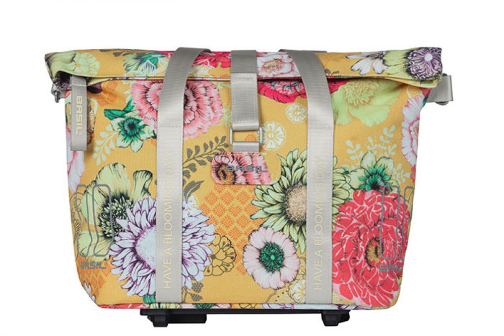 Basil Bloom Field Fahrrad-Schultertasche honiggelb mit buntem Blumenmuster, Tragegurten und MIK-KF-Haken.