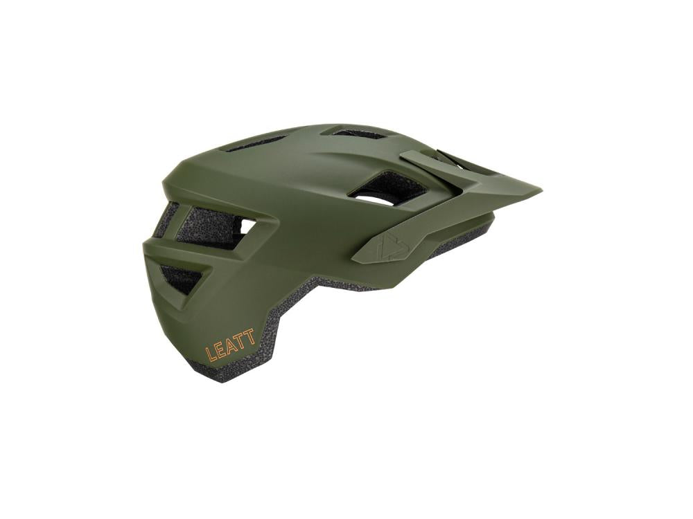 Leatt MTB All Mountain 1.0 Fahrradhelm in Pine (dunkelgrün) mit Leatt Logo, seitliche Ansicht.