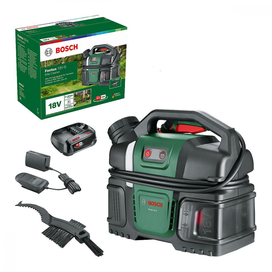 Bosch Fontus 18V-6 Akku Bike Cleaner mobiler Hochdruckreiniger für Fahrräder mit Zubehör und Verpackung.
