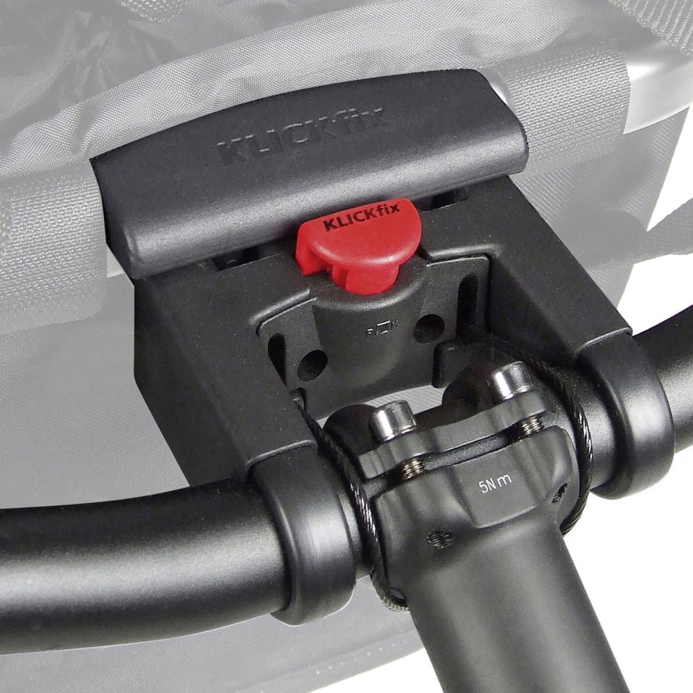 KLICKfix Fahrrad-Lenkerhalterung für Fahrradkorb/Fahrradtasche, roter Entriegelungsknopf, 5Nm.