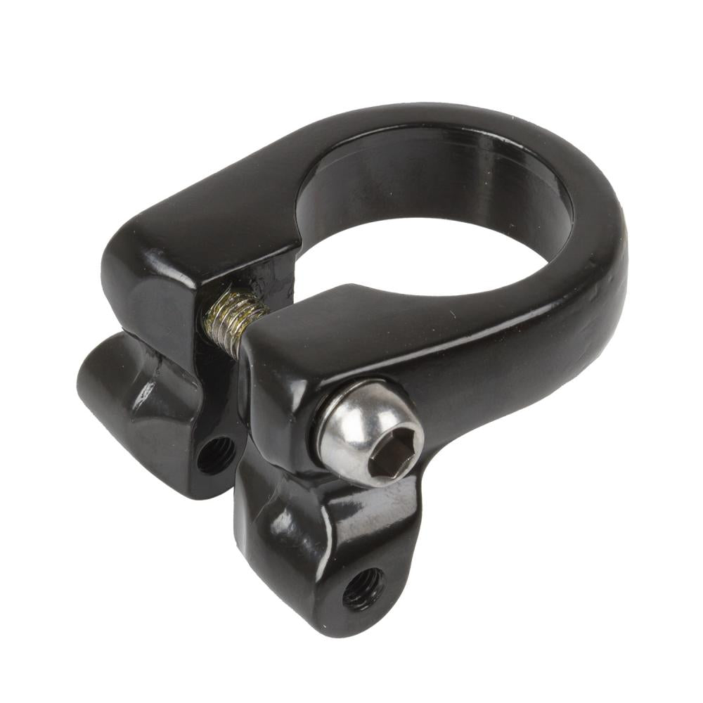 M-Wave Racky Sattelklemme 31,8 mm Alu schwarz mit M5-Gewindeösen für Gepäckträger am Fahrrad.