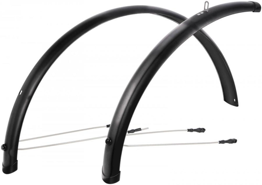 CONTEC Radschutzgarnitur "Splash Protect"nKunststoff, ohne KontaktierungnSB-verpackt, mit Single Clip Befestigung und 3,4mm schwarz gepulverten Stahlstreben, Vorderrad mit Mini Clip XL Sicherheitssystem, 28" - 58mm breit, schwarz glänzend