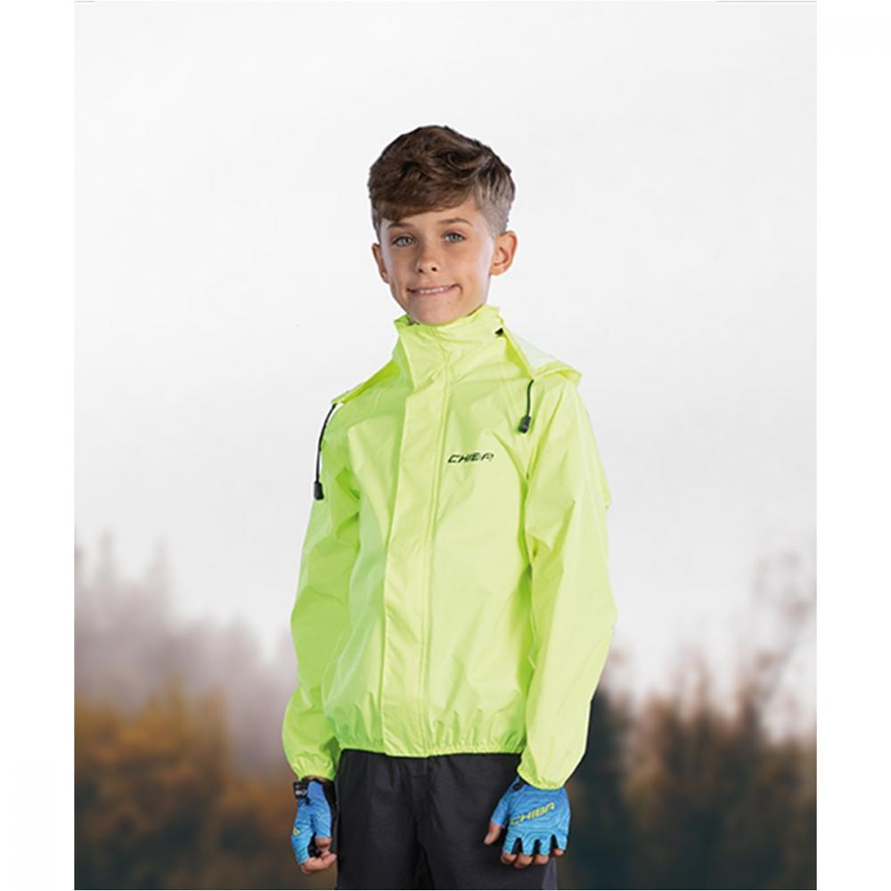 Chiba Regenjacke Rain Kids neongelb Größe M - wasserdichte und winddichte Kinder-Fahrradjacke, atmungsaktiv, mit reflektierenden Elementen für bessere Sichtbarkeit, leicht und kompakt verstaubar