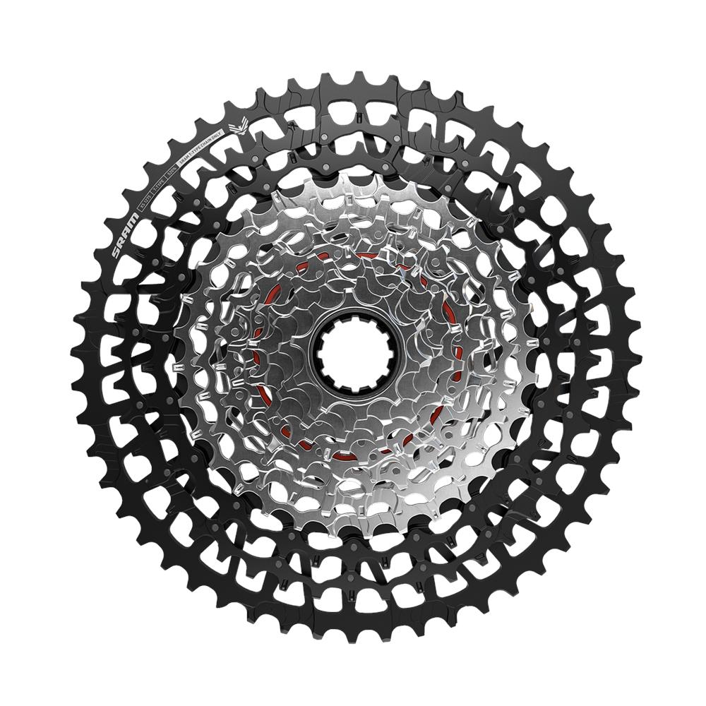 SRAM Eagle 12-fach T-Type E-MTB Kassette in schwarz-silber, Detailaufnahme einer Fahrradkomponente.