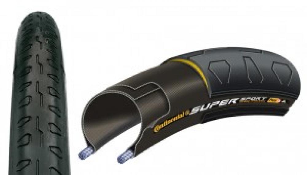 Continental Super Sport Plus Fahrradreifen 28x1.00 (25-622) schwarz Draht, mit Profil und Querschnittsansicht.