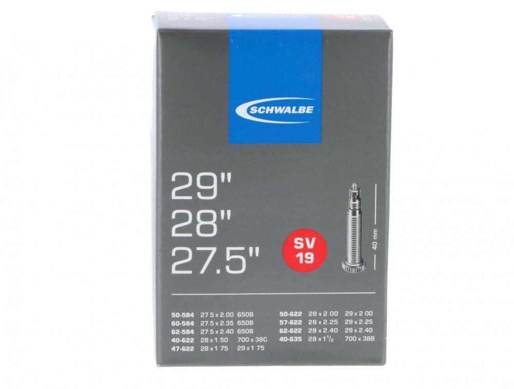Schwalbe SV19 Fahrradschlauch für 27,5 bis 29 Zoll Reifen mit 40mm Sclaverandventil in der Originalverpackung.