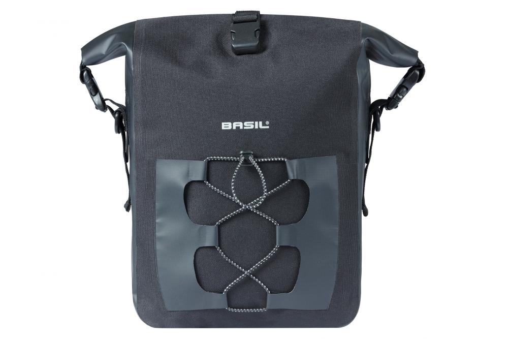 Dunkelgraue Basil Navigator Waterproof Fahrrad-Einzelpacktasche mit Rollverschluss, MIK-System und Frontbungee.