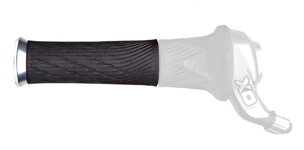 SRAM Lockring Griffe für GripShift, 122mm, schwarzer Griff mit silbernem Klemmring.