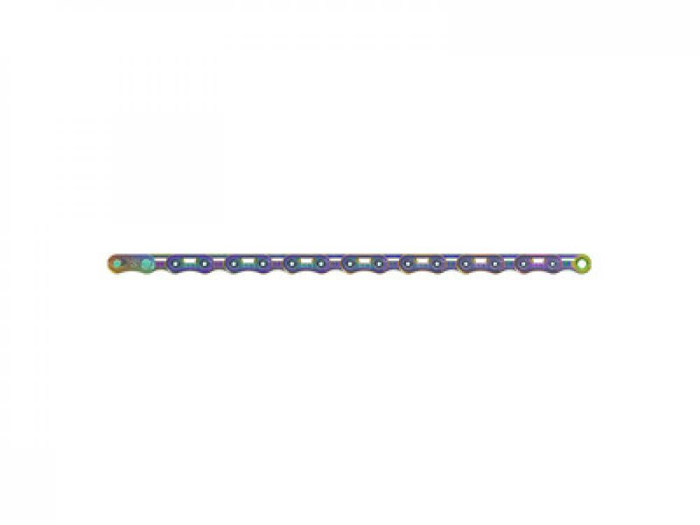 SRAM PC RED AXS E1 ultraleichte 12-fach Rennradkette in Regenbogen-Optik auf weißem Hintergrund.