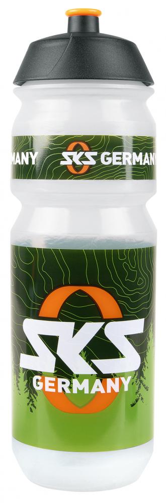 SKS Trinkflasche BIO Large 750ml: Nachhaltige Fahrradflasche aus biobasiertem Kunststoff in Weiß-Grün mit SKS-Logo.