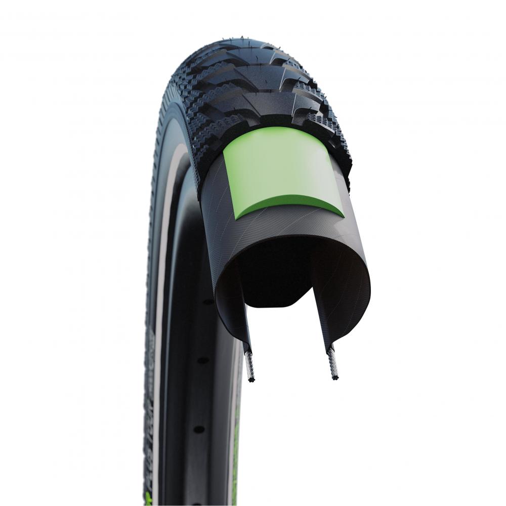 Schwalbe Energizer Plus Tour E-Bike Reifen Querschnitt mit grünem Pannenschutz, schwarz Reflex.