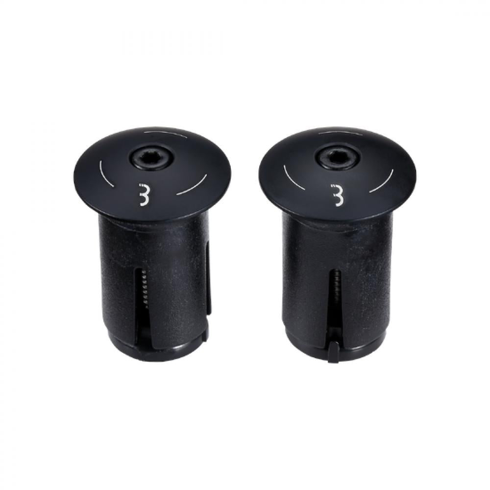 Zwei schwarze BBB Cycling ScrewOn Alu Lenkerendkappen mit "3" und Einstellmarkierungen. Sichere Lenkerabschlusslösung.