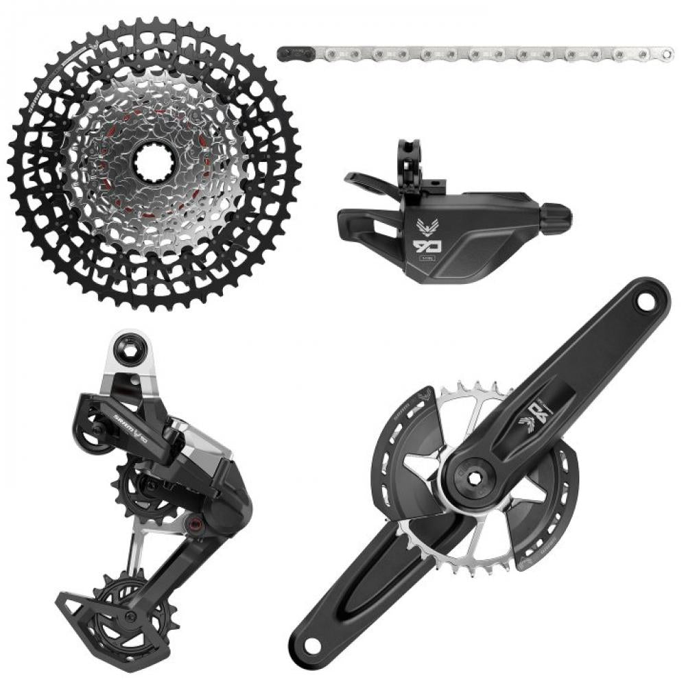 SRAM Eagle 90 T-Type MTB Schaltgruppe: Kurbel 165mm, Kassette, Kette, Schaltwerk, Schalthebel. Robuste Transmission.