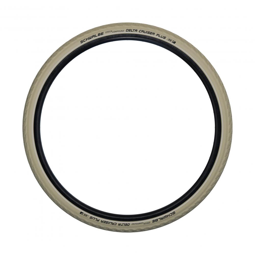 Schwalbe Delta Cruiser Plus 28x1.40 Zoll Fahrradreifen in Creme mit Reflexstreifen und PunctureGuard Pannenschutz.
