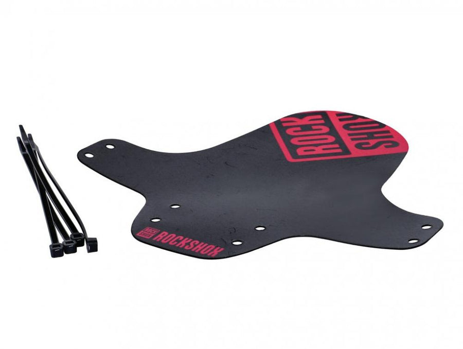 Rockshox universal MTB Frontfender, schwarz mit neon pinkem Print und schwarzen Kabelbindern.