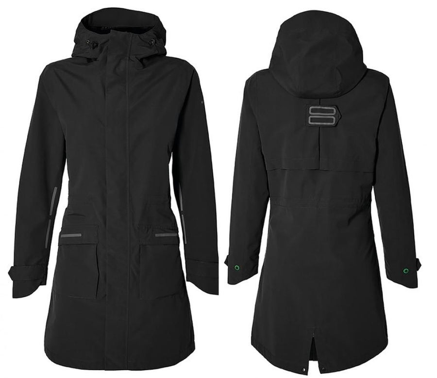 Schwarzer Basil Damen Regenparka Mosse mit Kapuze und Reflektoren, Vorder- und Rückansicht.