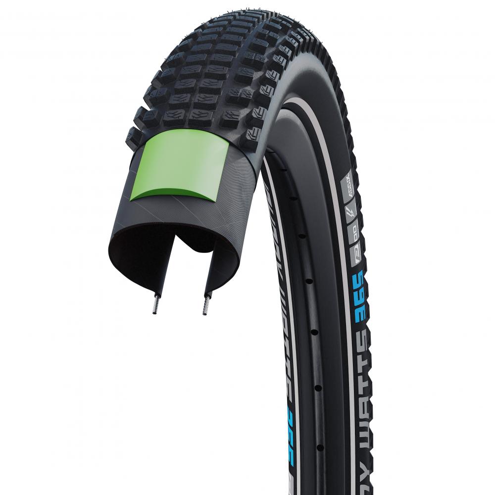 Schwalbe Johnny Watts 365 Ganzjahres-Fahrradreifen im Querschnitt, mit GreenGuard-Schutz und markantem Profil.