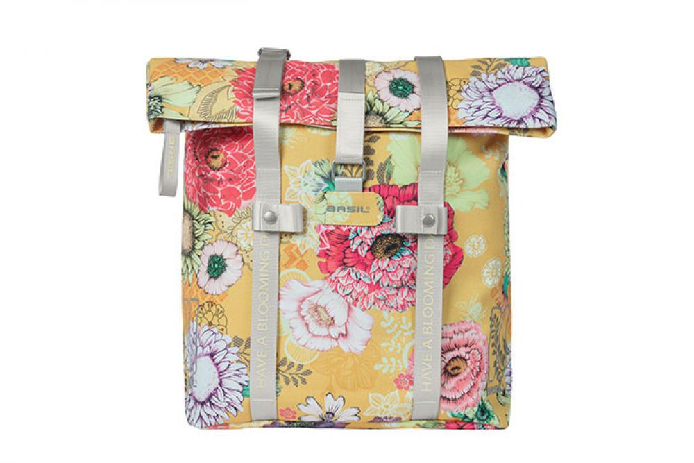 Basil Schultertasche Bloom Field Shopper honiggelb mit Blumenmuster, 20 Liter Volumen und grauen Verschlussriemen.