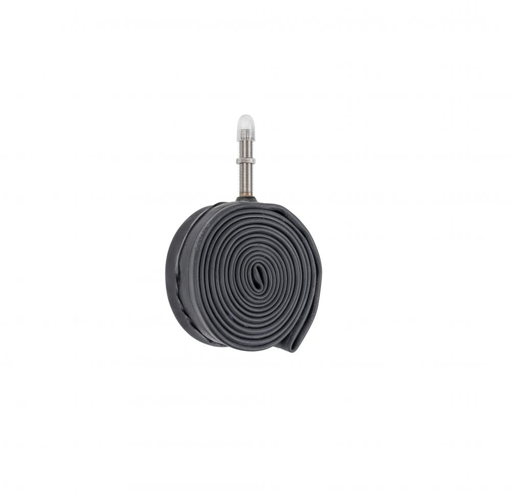 Aufgerollter Schwalbe Schlauch AV9 mit 40mm Autoventil, zuverlässiger grauer Fahrradschlauch für Pannenhilfe.