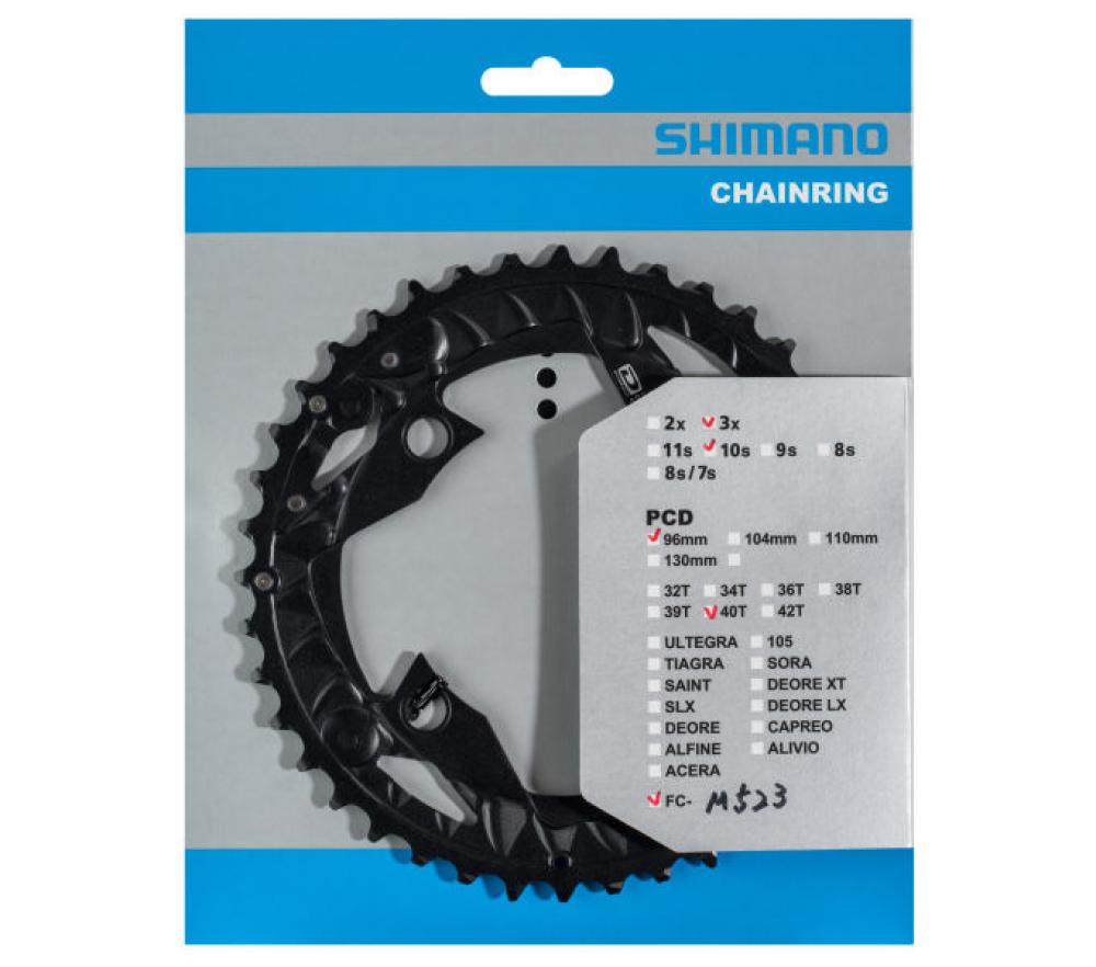 Shimano Kettenblatt FC-MT500/FC-M523, 40 Zähne, 96mm Lochkreis, außen, für 3x10-fach, schwarz.