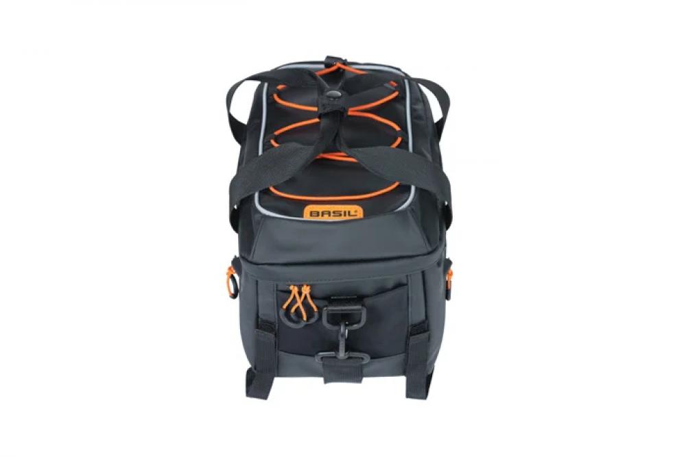 Basil Miles Tarpaulin Gepäckträgertasche schwarz-orange, wasserdicht, 14L Volumen, Rollverschluss, Reflektoren.
