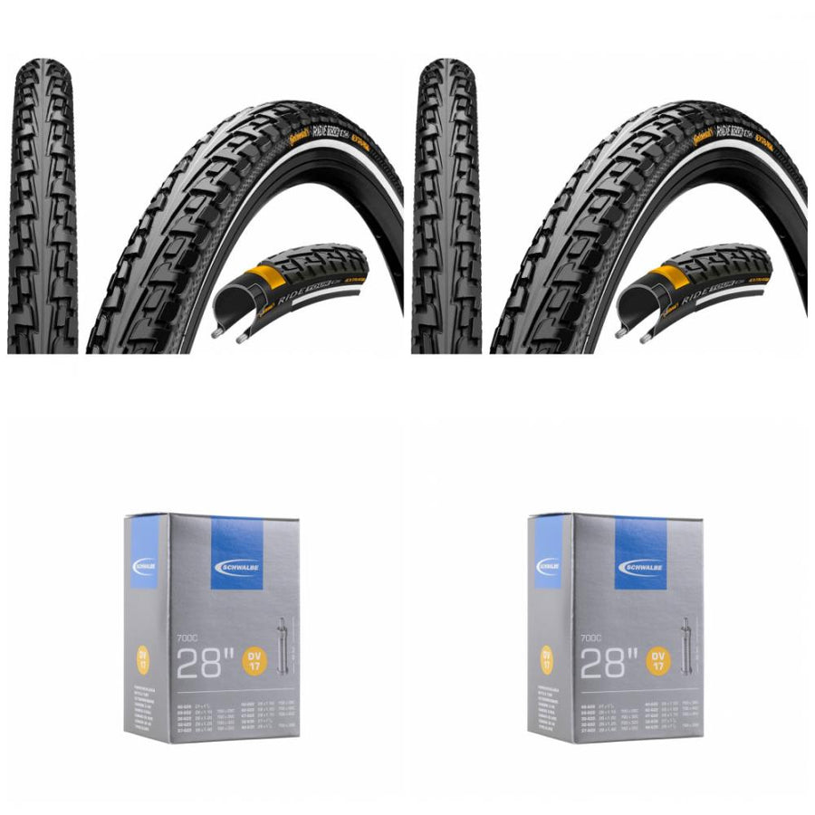 Set mit zwei Continental RideTour 28x1.40 Fahrradreifen und zwei Schwalbe DV17 Fahrradschläuchen.