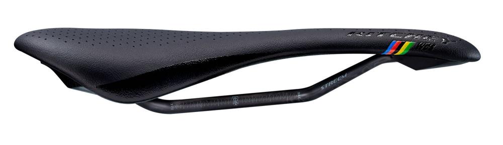 Ritchey WCS Carbon Streem Fahrradsattel schwarz mit Carbonstreben und Regenbogenlogo.