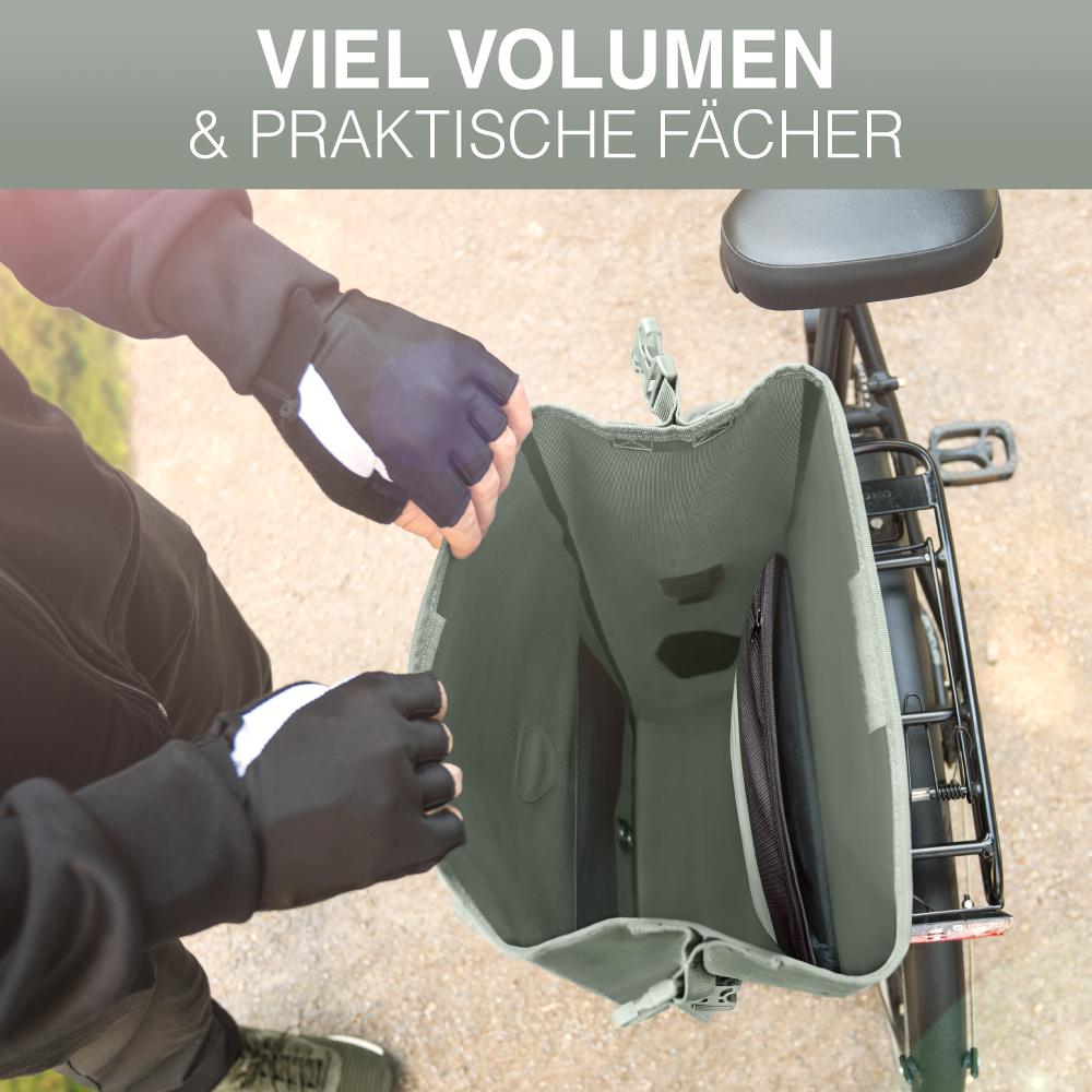 Valkental ValkOcean Gepäckträgertasche in Seegras mit viel Volumen und praktischen Innenfächern am Fahrrad.