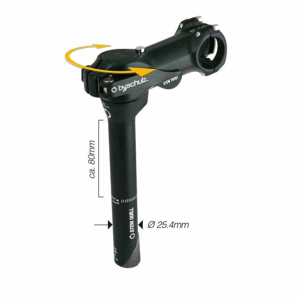 By,Schulz Vorbau Stem Quill Twist SDS Vorbaulänge 105 mm schwarz - Alu 6061-T6 3D geschmiedet, höhenverstellbar bis 80 mm, Lenkerklemmung 31,8 mm, Gabelschaftdurchmesser 25,4 mm, 8° Winkel