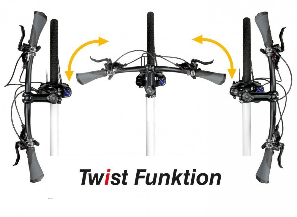 by,schulz Twist Vorbau schwarz mit drehbarem Lenker für platzsparende Fahrradlagerung.