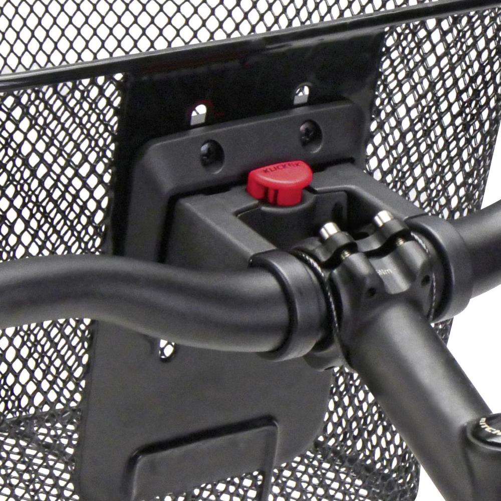 KLICKfix Fahrradkorb Oval flach schwarz 29x40x19 cm, mit rotem KLICKfix Knopf am Lenker befestigt.