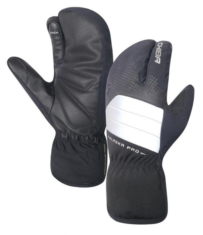 Schwarze CHIBA Alaska Pro wasserdichte Lobster-Winterradhandschuhe mit reflektierenden Streifen.